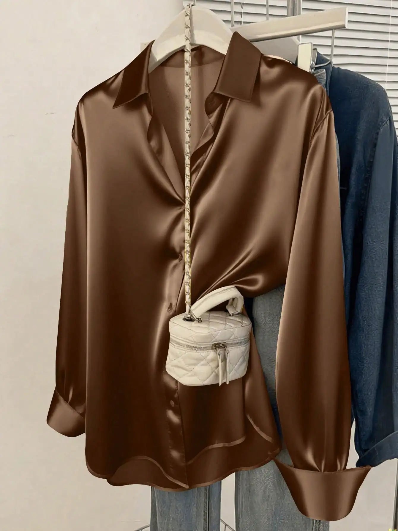 Women's Satin Button-Up Blouse, Elegant Collared Shirt