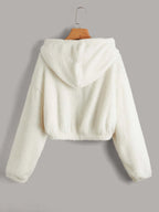 Fuzzy Hooded Zip-Up Cropped Jacket with Drawstring