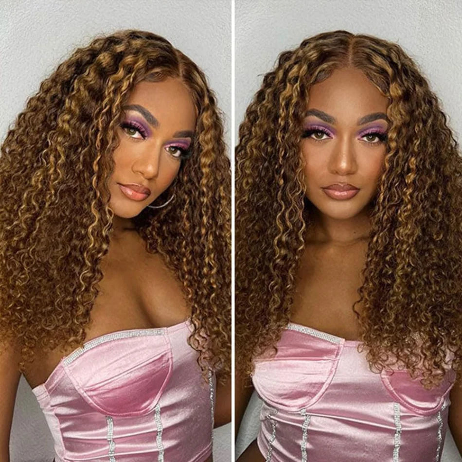 Highlight Ombre Bob Wig Human Hair 
100% Curly Short 5X5 Lace Closure Wig Honey Blonde Colored Glueless Deep Wave Frontal Wigs