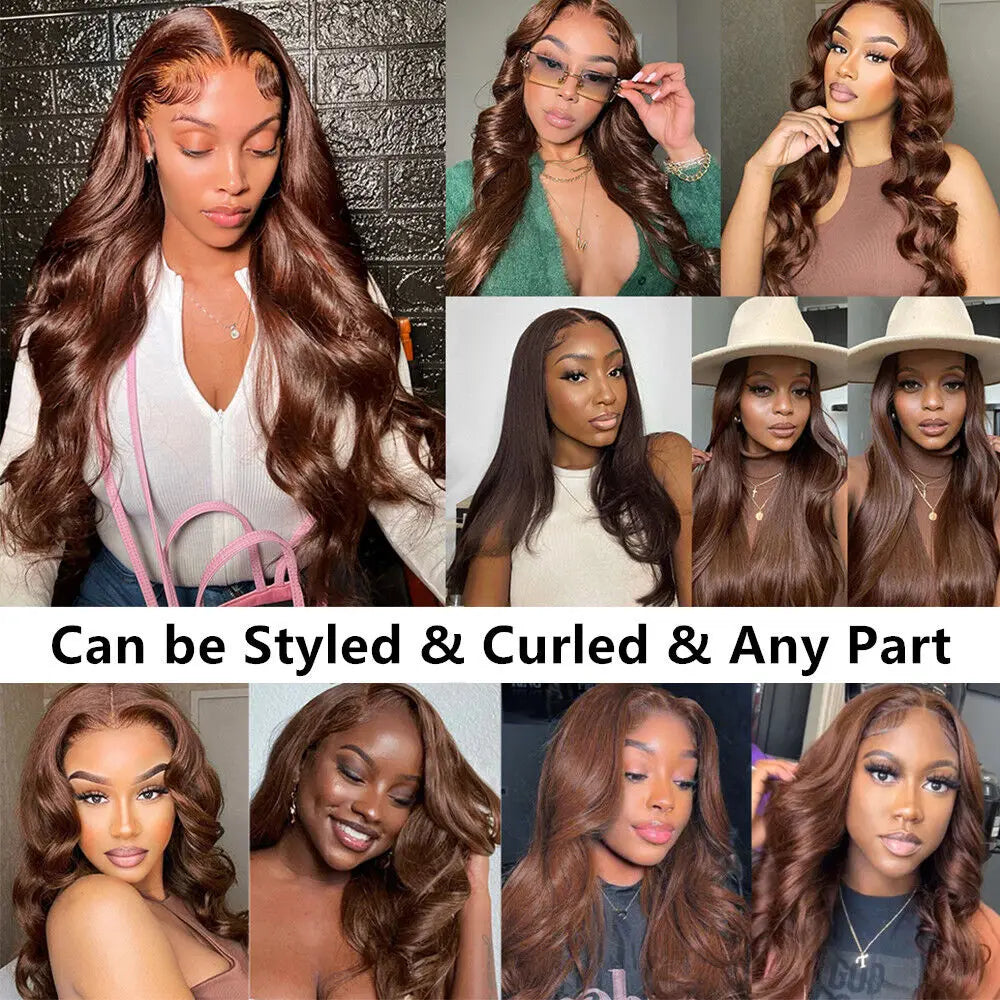 Body Wave Chocolate Brown Lace Front Wigs Human Hair
 Pre Plucked Brazilian Brown Virgin Hair Glueless HD Frontal Wig