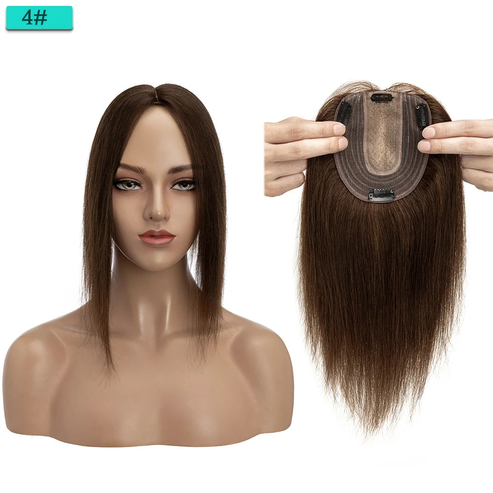 10x12cm Women Human Hair Toppers Silk Base Straight
 4 Clips In Hair Piece Brown Blonde