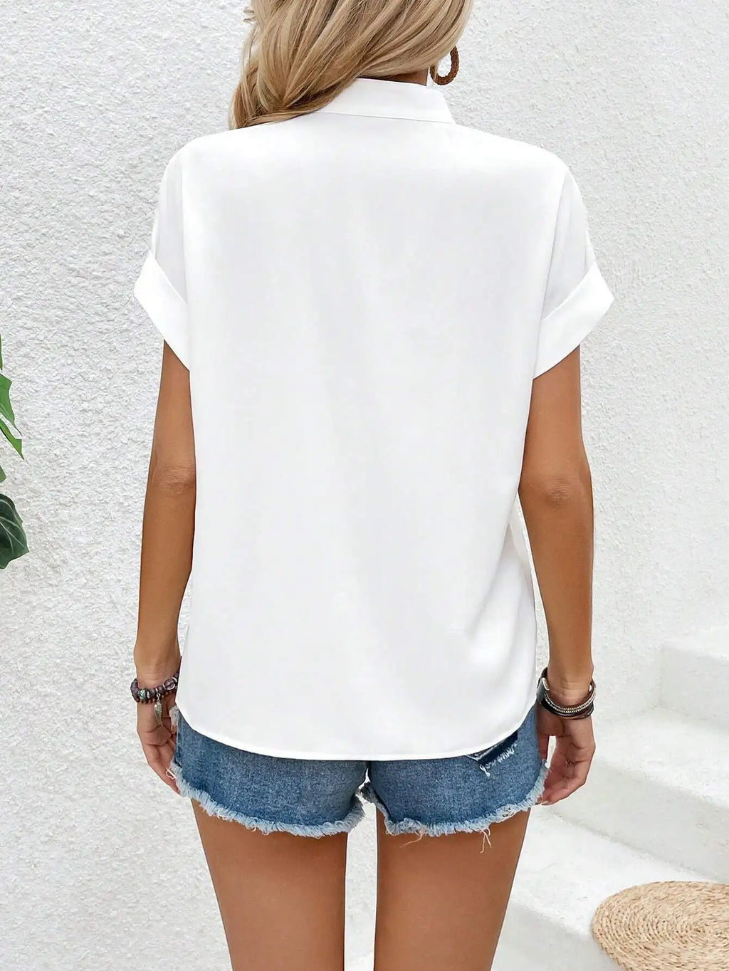 V-Neck Short Sleeve Button Down Shirt