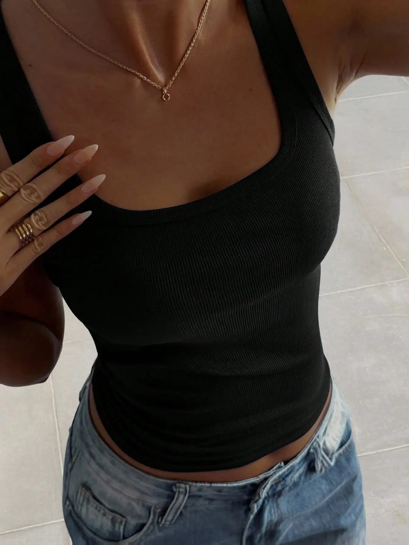 Women's Ribbed Square Neck Tank Soft Solid Color