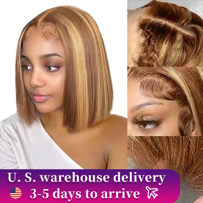 4/27 Highlight Bob Wigs Straight Lace Front Wig Human Hair 
Ombre Frontal Bob Wig Human Hair glueless wear to go Ombre Brown Wig