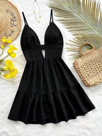 Black V-Neck Sleeveless Backless Summer Dress for Women, Casual Beach Party Wear