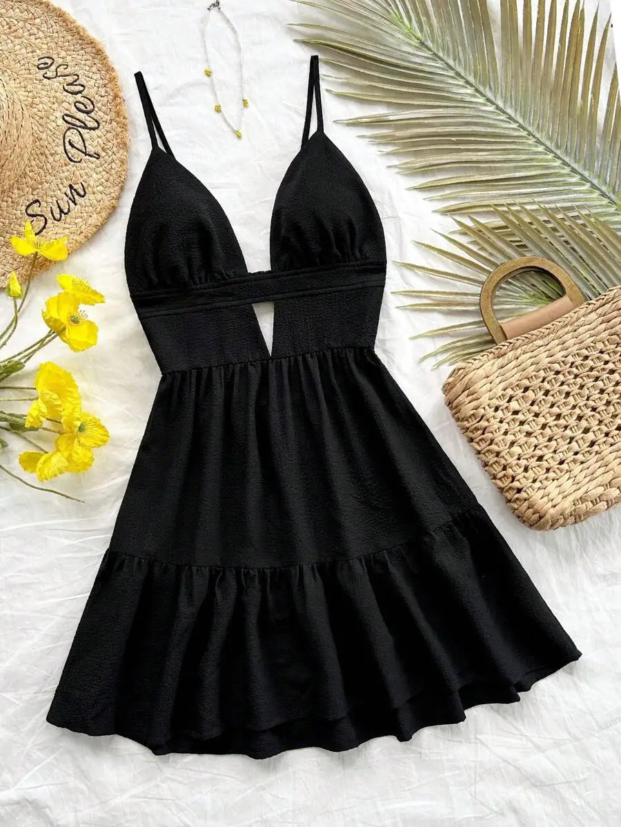 Black V-Neck Sleeveless Backless Summer Dress for Women, Casual Beach Party Wear