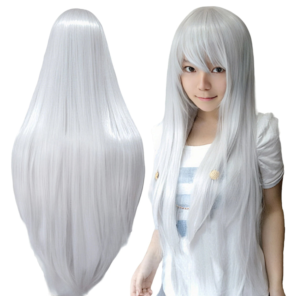 80cm Straight Synthetic Cosplay Wig White Purple Green Silver Pink Lolita Hairpiece with Bangs Long Wigs