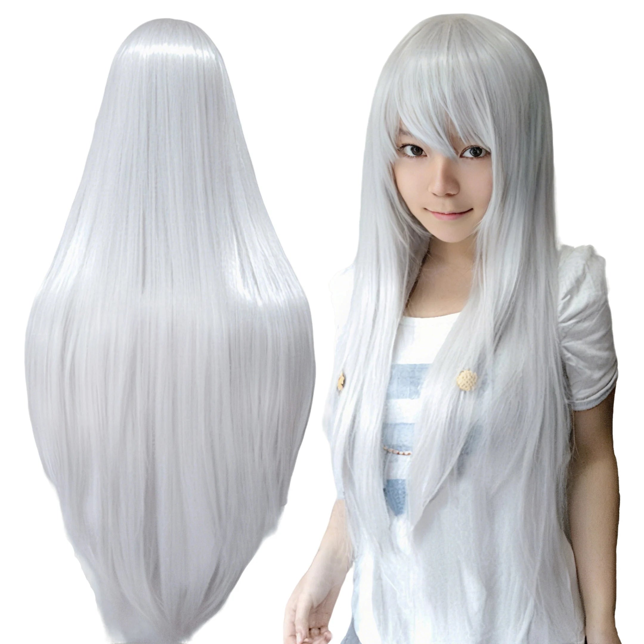 80cm Straight Synthetic Cosplay Wig White Purple Green Silver Pink Lolita Hairpiece with Bangs Long Wigs