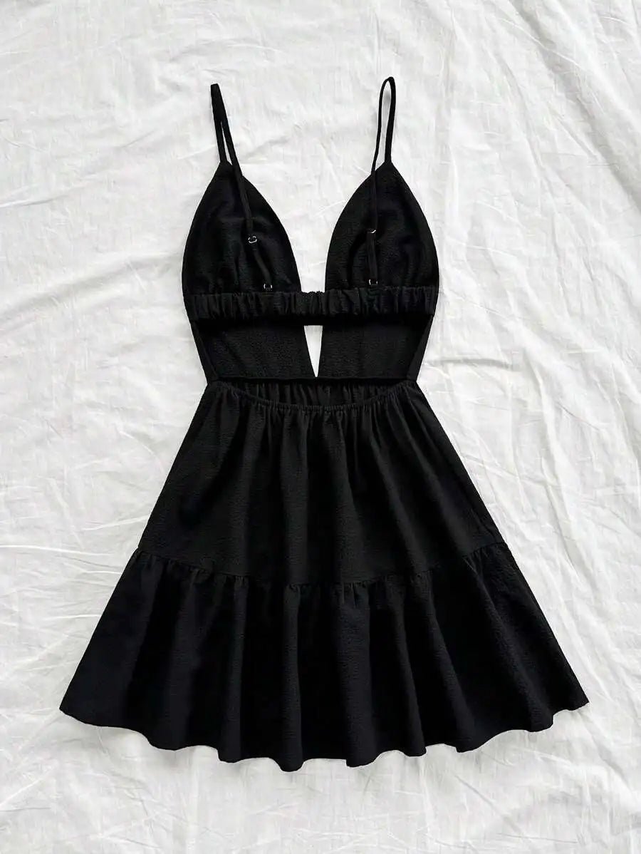 Black V-Neck Sleeveless Backless Summer Dress for Women, Casual Beach Party Wear