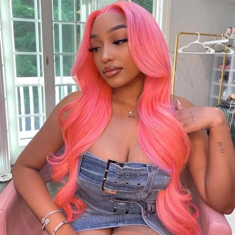 Pink Human Hair Wig Colored Body Wave Lace Front Wig
 13X6 Lace Frontal Wig 250 Density Brazilian Wig Original 40 Inch Natural