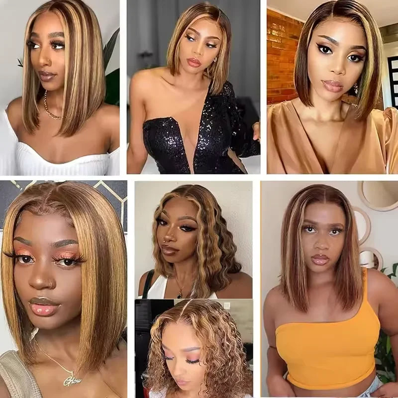 4/27 Highlight Bob Wigs Straight Lace Front Wig Human Hair 
Ombre Frontal Bob Wig Human Hair glueless wear to go Ombre Brown Wig