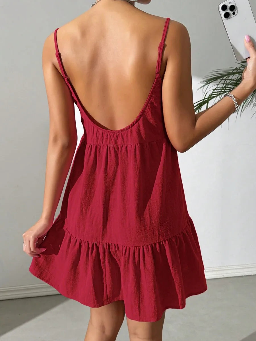Backless Camisole Dress Ruffle Hem, Mini Dress
