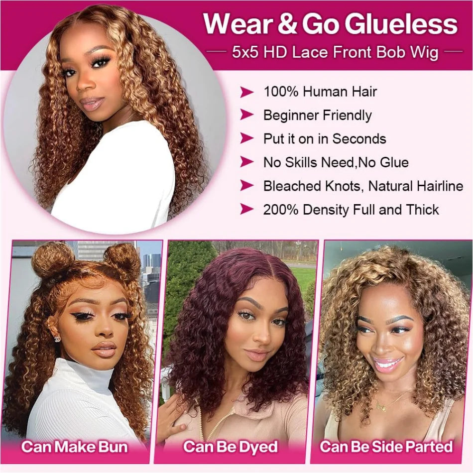 Highlight Ombre Bob Wig Human Hair 
100% Curly Short 5X5 Lace Closure Wig Honey Blonde Colored Glueless Deep Wave Frontal Wigs