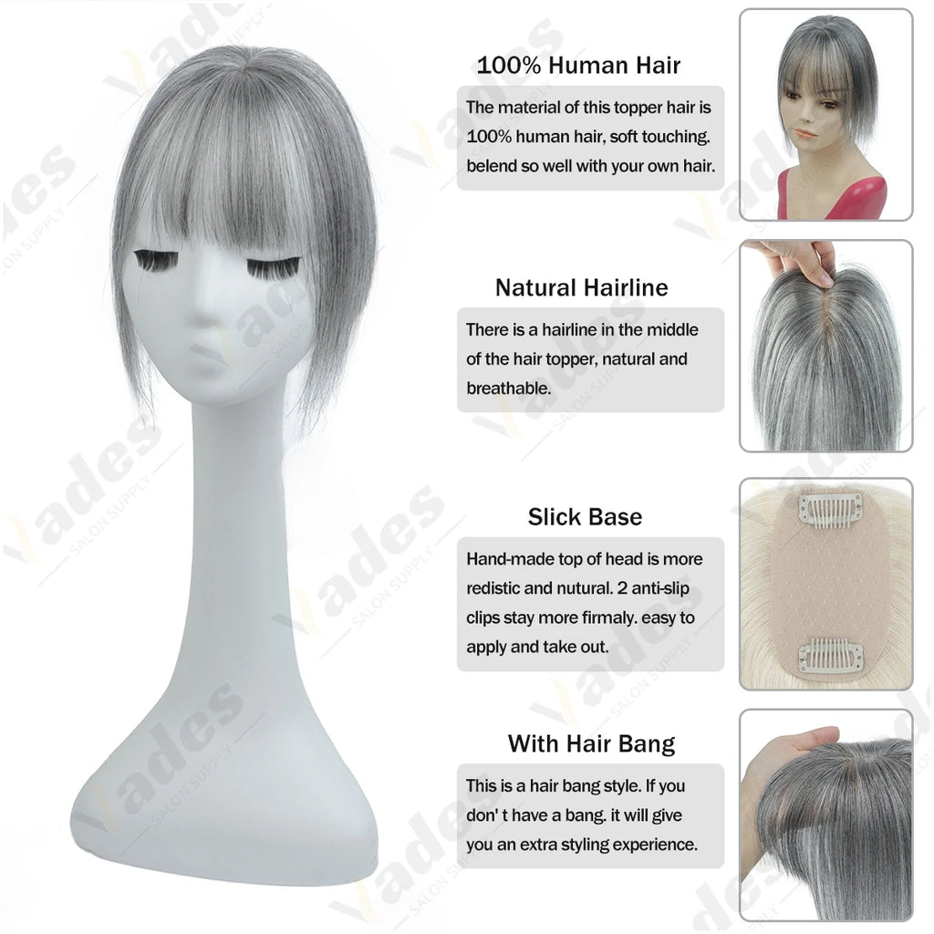 Human Hair Topper with Bangs Hand-Tied Thin 
5 * 9cm Base Light Weight Clip