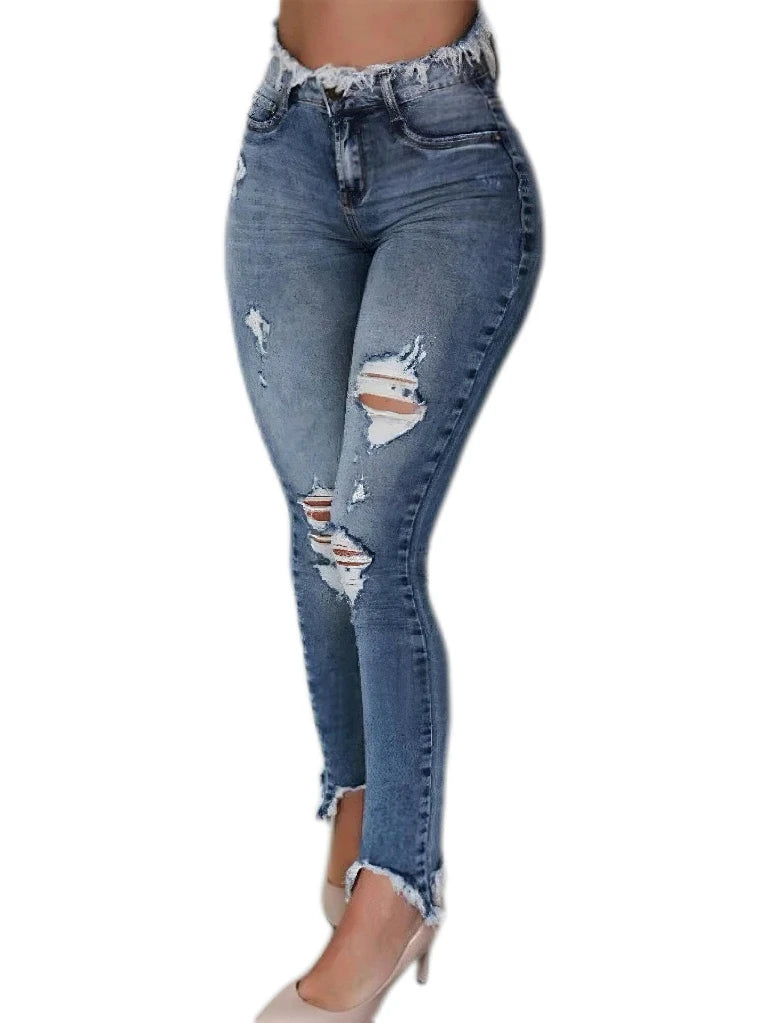 high waisted fringed ripped jeans with irregular edges, slim fit
