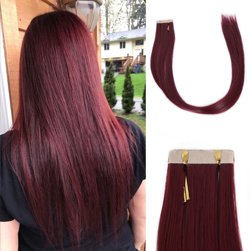 Seamless Invisible Tape in Red Hair Extensions for Women 24 inch Straight 
Colored Soft Synthetic Hair for Party Halloween Use