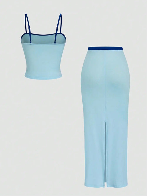 2-Piece Solid Color Crop Top  Maxi Skirt Set
