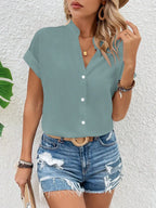V-Neck Short Sleeve Button Down Shirt