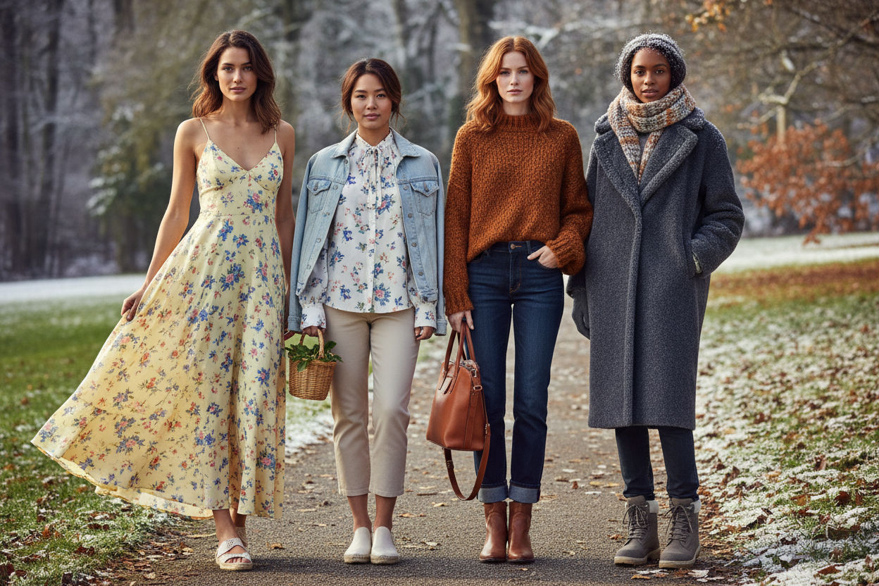 realisitc image showing women wearing different clothes from different season